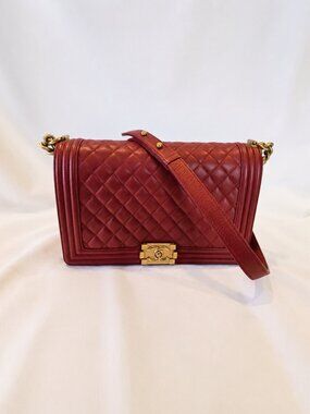 Authentic CHANEL Boy Flap Bag Large Burgundy Leather with gold hardware
